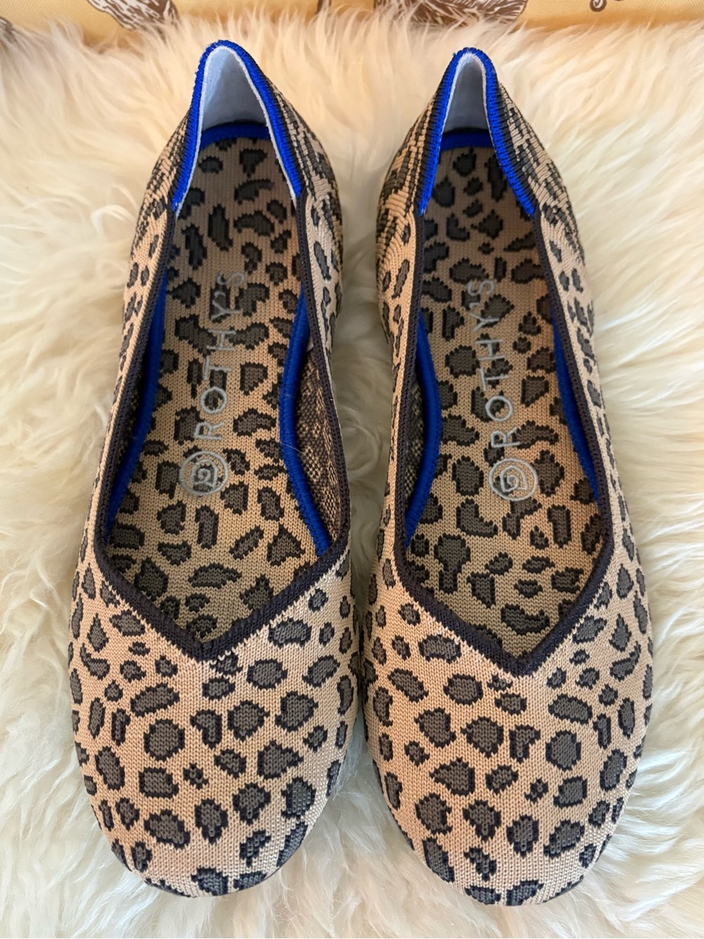 Rothy's Leopard Knit Ballet Flats in Tan and Black with Blue Trim